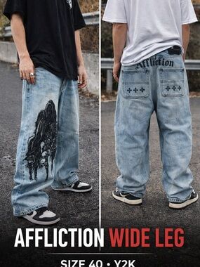 Affliction Jeans Men 40 Wide Leg Blue Distressed Skull Graphic Y2K
